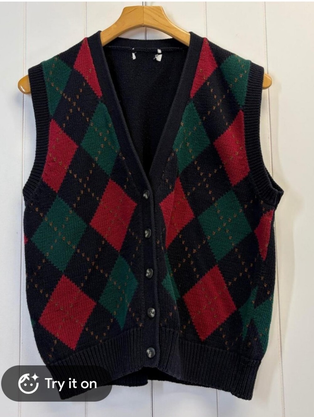 Vintage Lands End Button Up Argyle Knit  Sweater Vest Diamond Print Womens  80s